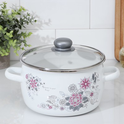 Кастрюля эмалированная «Весенний романс», 4 л, стеклянная крышка, индукция