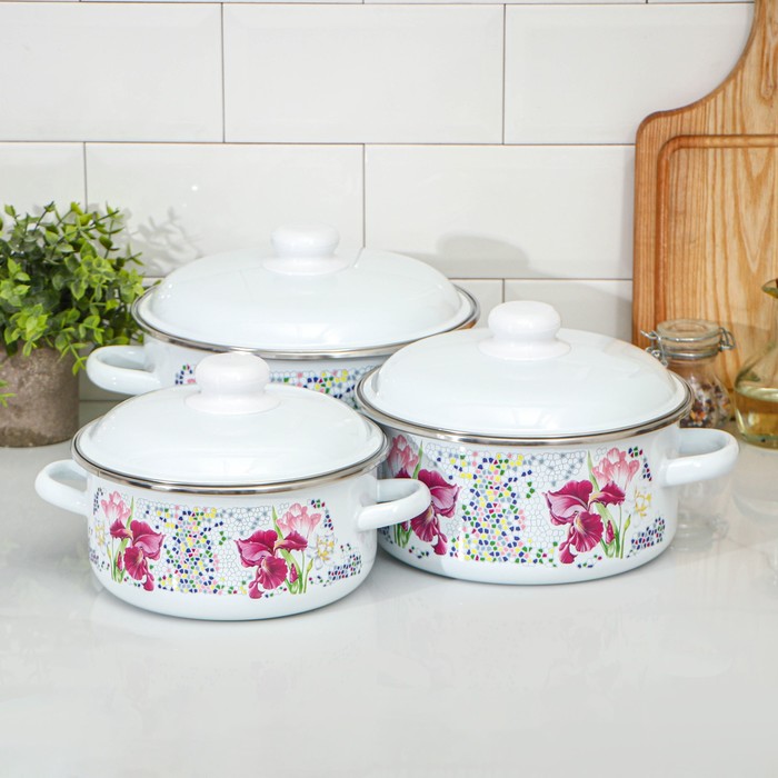 Набор кастрюль эмалированных «Мозаика», 3 шт.: 2 л, 3 л, 4 л, индукция, белый - Фото 1