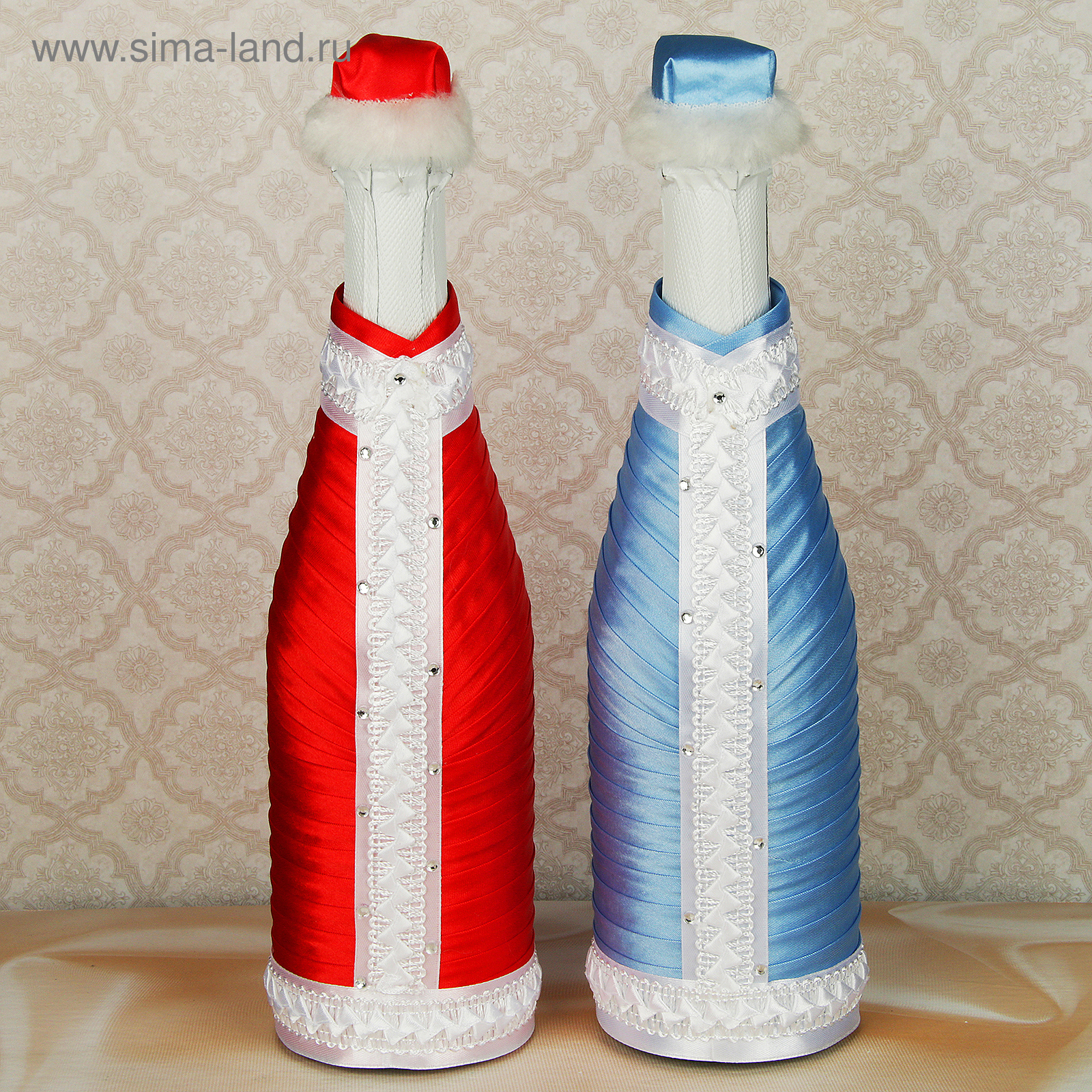 Костюм для шампанского «Дед Мороз и Снегурочка» цвет голубой и красный
