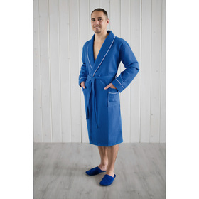 Халат мужской, шалька+кант, размер 56, цвет синий, вафля
