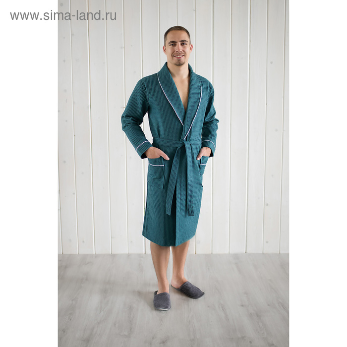 Халат мужской, шалька+кант, размер 52, цвет изумрудный, вафля - Фото 1