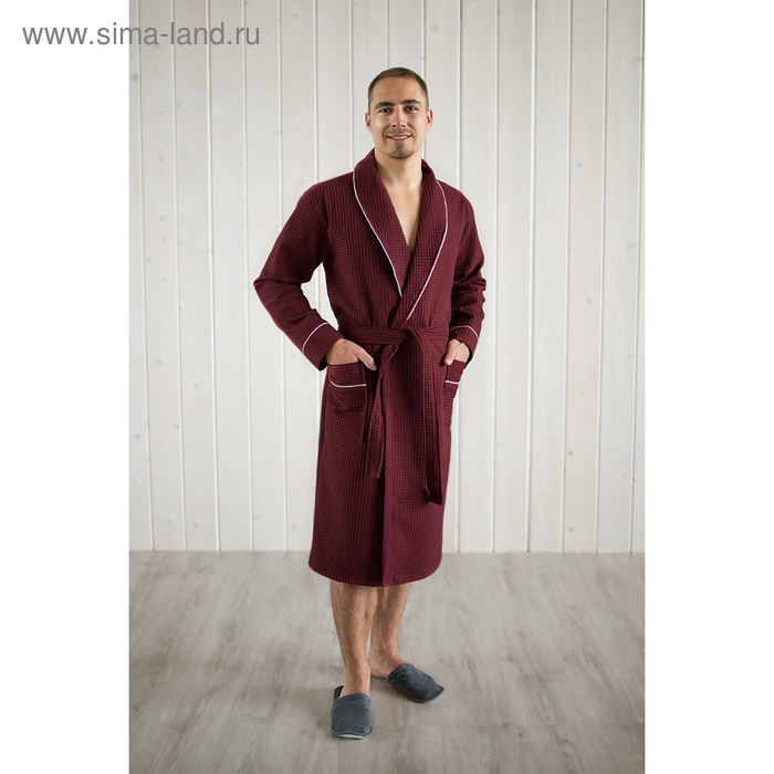 Халат мужской, шалька+кант, размер 52, цвет кирпичный, вафля - Фото 1