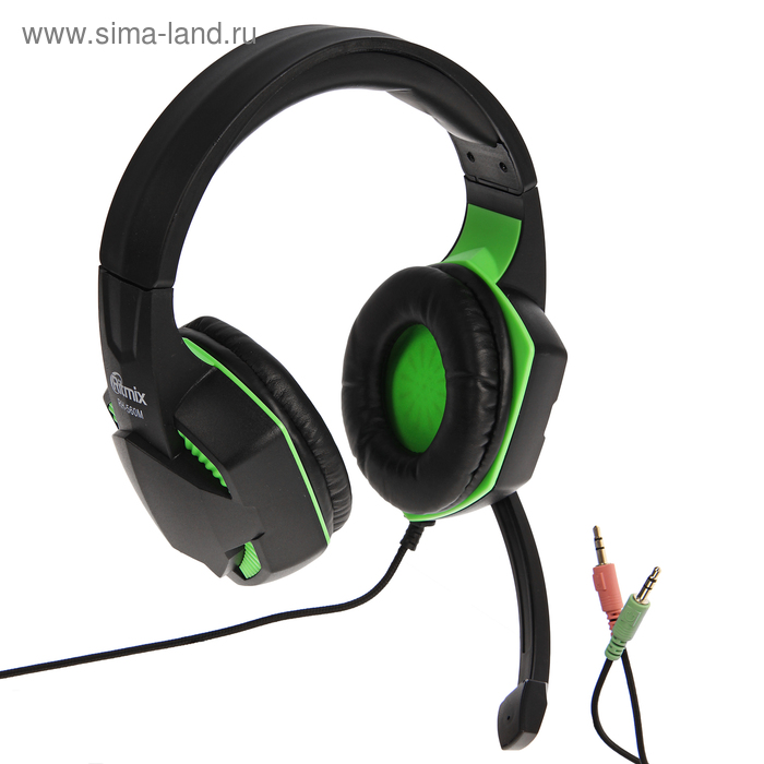 Наушники Ritmix RH-560M Gaming, игровые, полноразмерные,микрофон,3.5мм, 1.8 м, черно-зеленые - Фото 1
