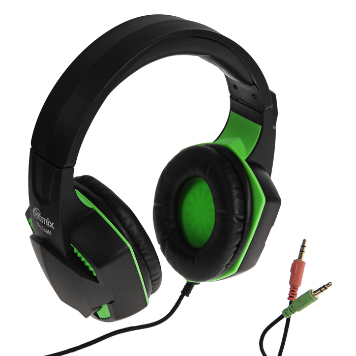 Наушники Ritmix RH-560M Gaming, игровые, полноразмерные,микрофон,3.5мм, 1.8 м, черно-зеленые - фото 51294023