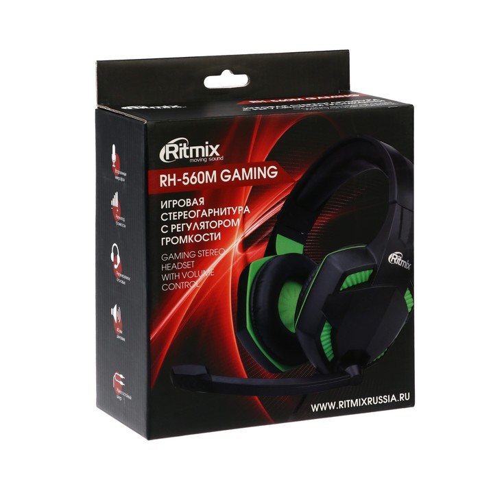 Наушники Ritmix RH-560M Gaming, игровые, полноразмерные,микрофон,3.5мм, 1.8 м, черно-зеленые - фото 51294028