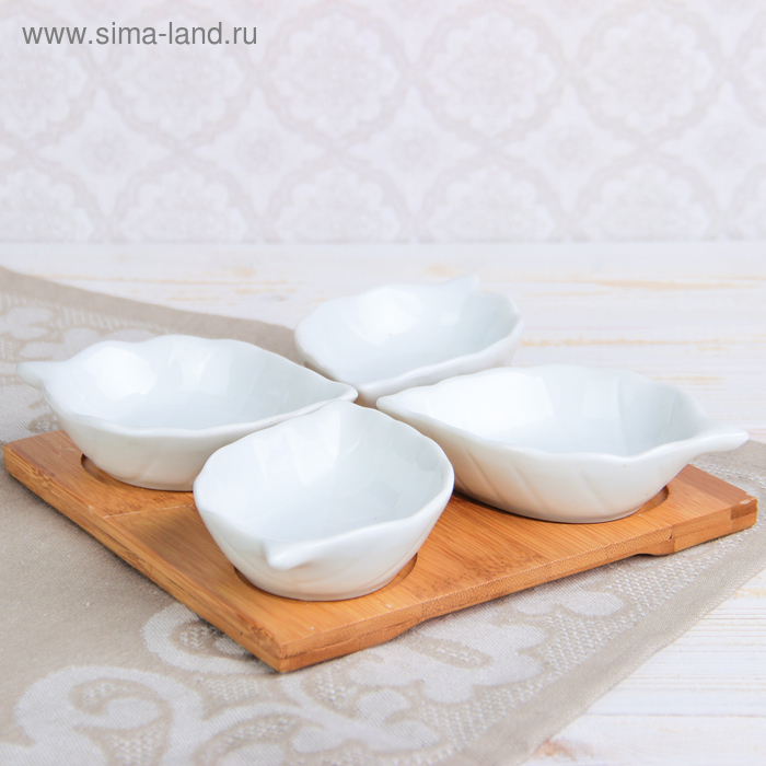 Соусники на деревянной подставке «Эстет. Лист», 50 мл, набор 4 шт., керамика, белые - Фото 1