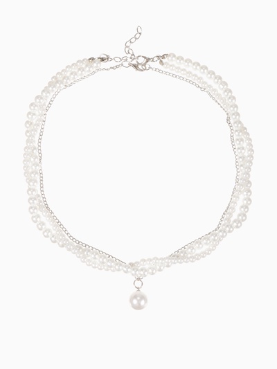 Бусы 2 яруса «Рошель», подвеска капля на цепочке, шар №12, L=42 см, белые в серебре