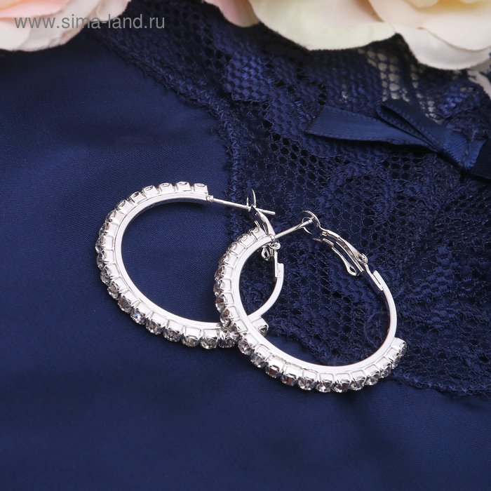 Серьги-кольца Princess дорожка малая, цвет белый в серебре, d=3 см - Фото 1