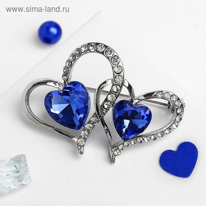 Брошь "Сердца влюбленных", цвет сине-белый в серебре - Фото 1