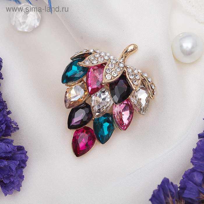 Брошь «Виноград спелый», разноцветная в золоте - Фото 1