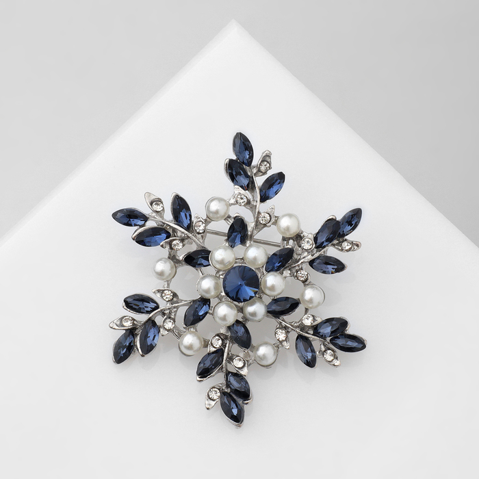Брошь «Цветок» полярный, бело-синяя в серебре - Фото 1