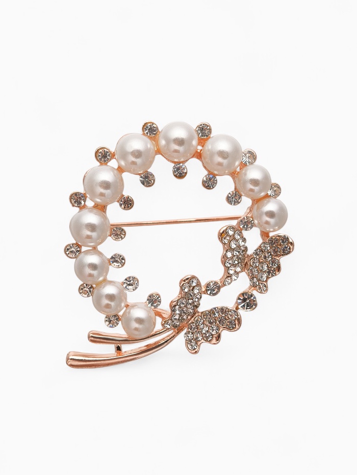 Брошь «Бабочки в жемчужном венке», цвет белый в розовом золоте - Фото 1