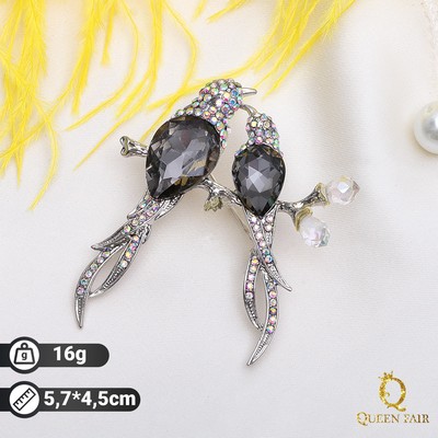 Брошь «Птицы певчие», цвет радужно-серый в серебре