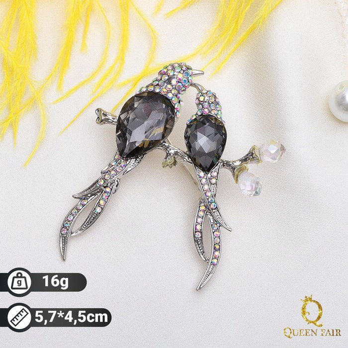 Брошь «Птицы певчие», цвет радужно-серый в серебре - Фото 1