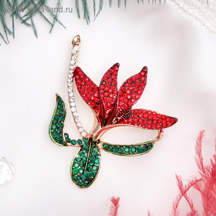 Брошь «Цветок» лилия тигровая, цвет красно-зеленый в золоте - Фото 1