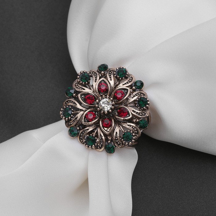 Кольцо для платка «Цветок со стразами», цвет красно-зелёный в чернёном золоте