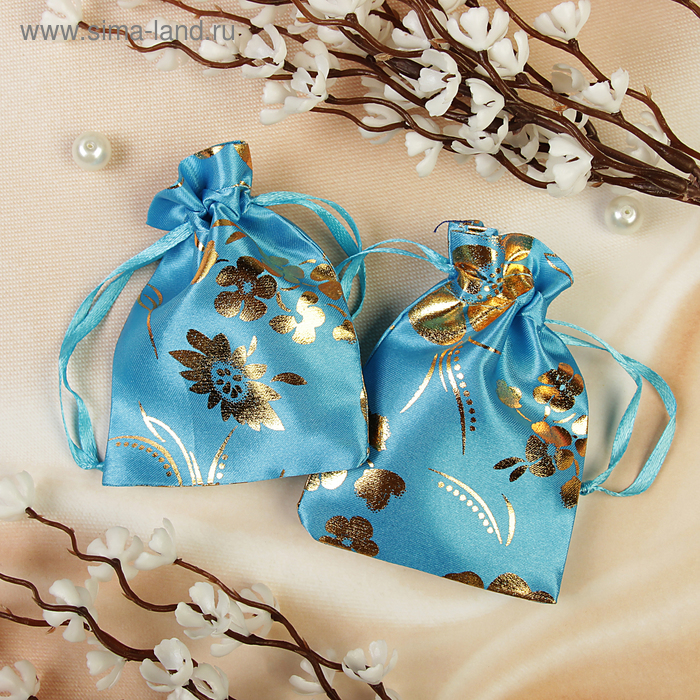 Мешочек подарочный атласный "Сакура", 7*9, цвет голубой с золотом - Фото 1