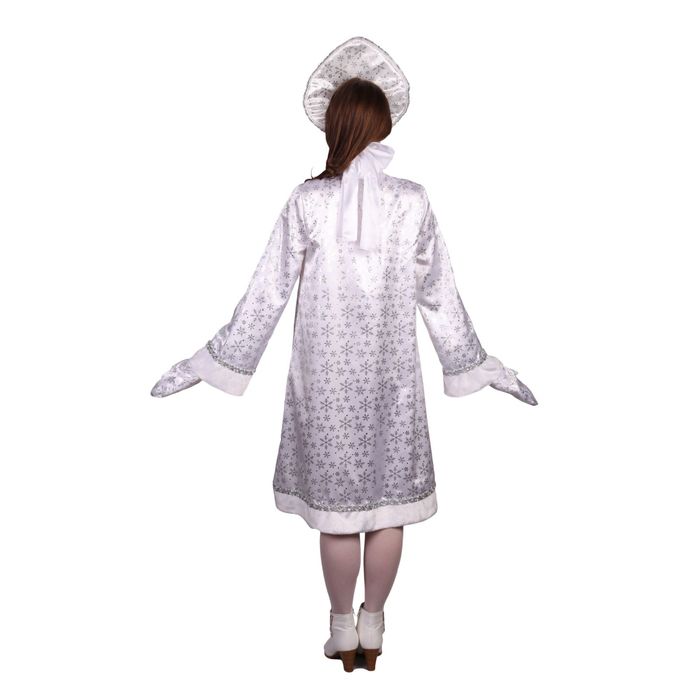 Карнавальный костюм "Снегурочка", атлас, шуба расклешённая со снежинками, кокошник, варежки, р-р 42 - фото 1908339426