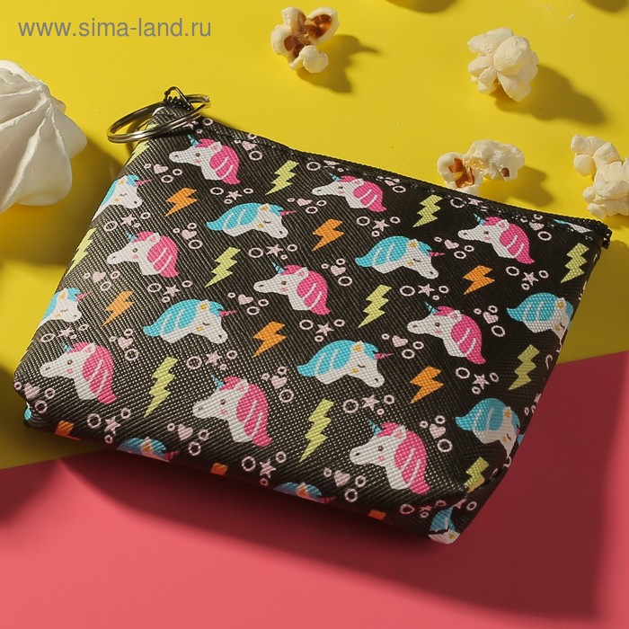 Кошелёк детский "Единорог", отдел на молнии, с кольцом, цвет чёрный - Фото 1