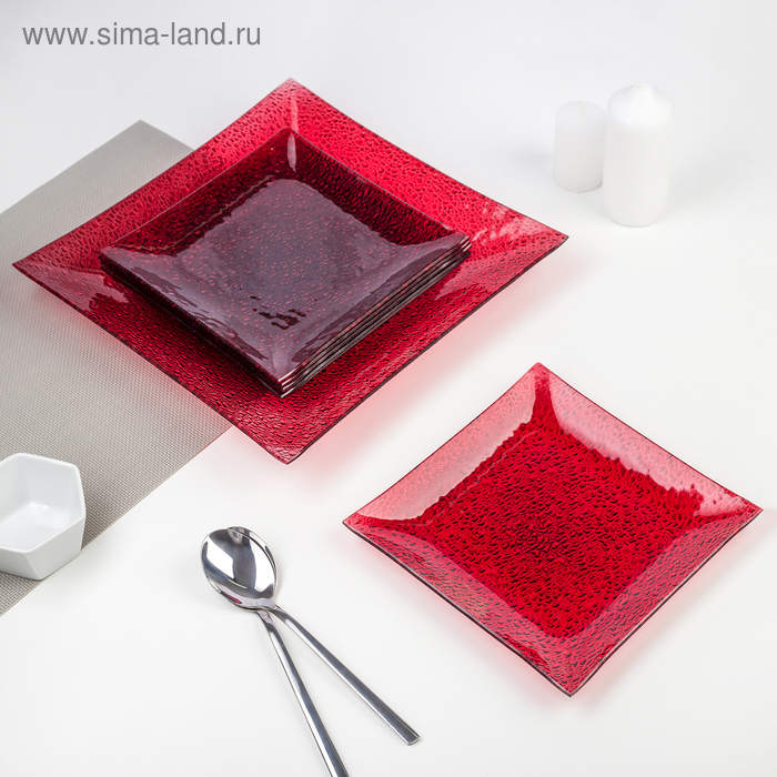 Сервиз столовый 7 предметов: 1 тарелка 29,5×29,5 см, 6 тарелок 19,5×19,5 см, цвет красный, подарочная упаковка - Фото 1