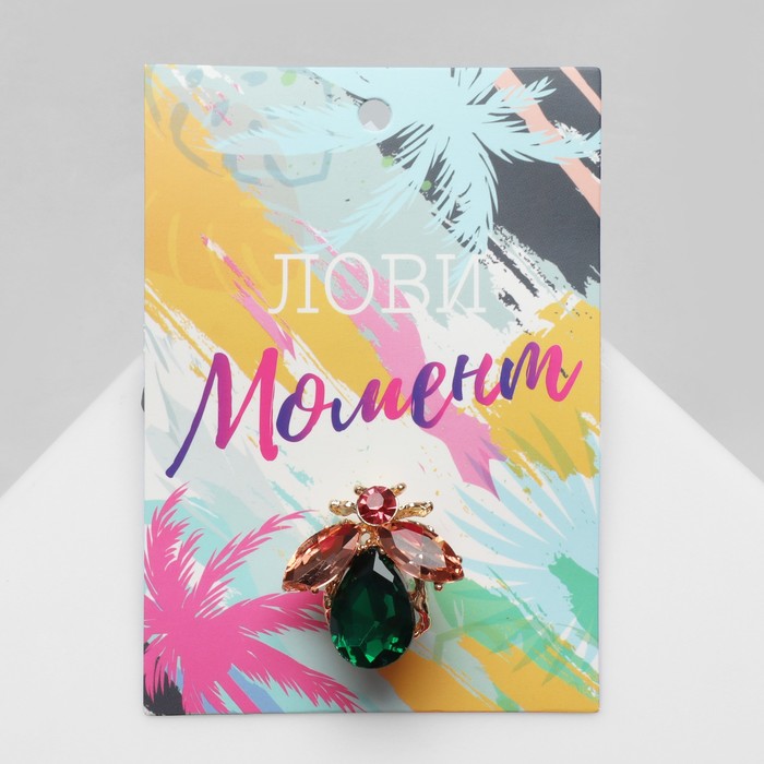 Брошь «Жук», розово-зелёная в золоте - Фото 1