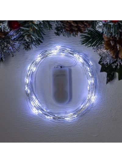 Гирлянда «Нить» 5 м роса, IP20, серебристая нить, 50 LED, батарейки CR2032×2 (в комплекте), свечение белое