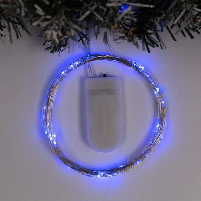 Гирлянда «Нить» 5 м роса, IP20, серебристая нить, 50 LED, свечение синее, CR2032х2 - фото 1908340197