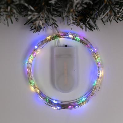 Гирлянда «Нить» 5 м роса, IP20, серебристая нить, 50 LED, батарейки CR2032×2 (в комплекте), свечение мульти