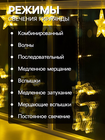 Гирлянда «Бахрома» 2.4×0.9 м с насадками «Олень», IP20, прозрачная нить, 138 LED, свечение тёплое белое, 8 режимов, 220 В