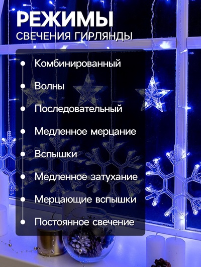 Гирлянда «Бахрома» 2.4 × 0.9 м с насадками «Снежинки», IP20, прозрачная нить, 150 LED, свечение синее, 8 режимов, 220 В