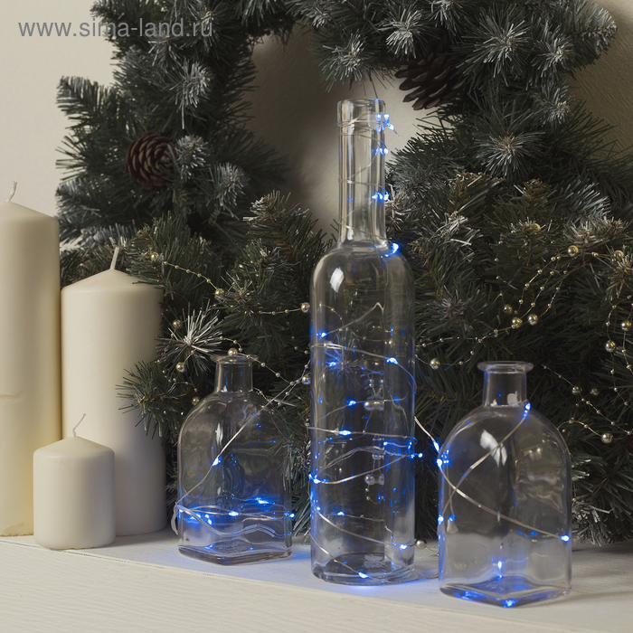 Гирлянда "Нить" 3 м роса, IP20, серебристая нить, 30 LED, свечение синее, фиксинг, 2 х CR2032 - Фото 1