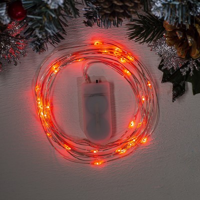 Гирлянда "Нить" 3 м роса, IP20, серебристая нить, 30 LED, свечение красное, фиксинг, 2 х CR2032