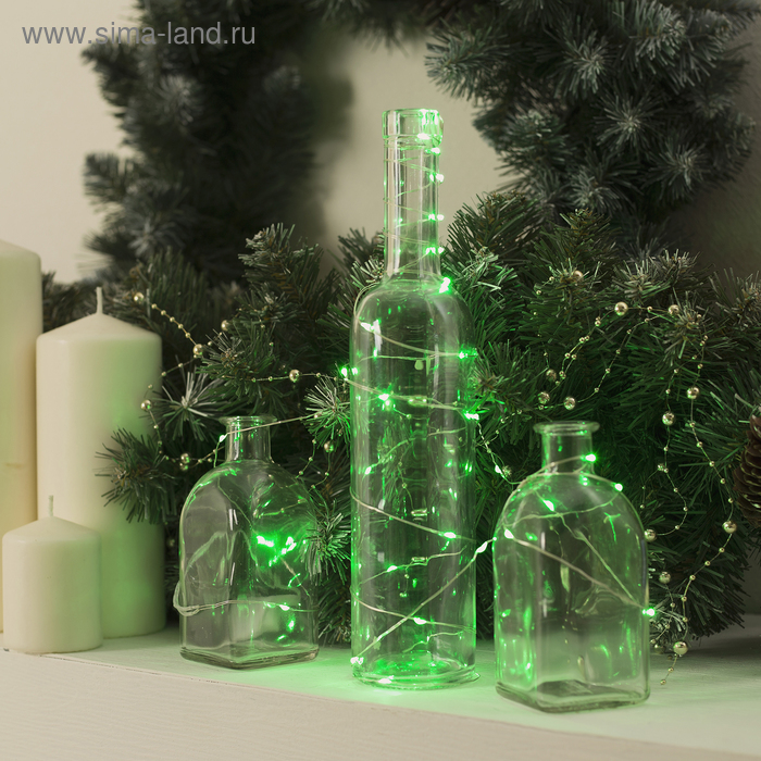Гирлянда "Нить", 3 м, "Роса", LED-30-6V, (LR2032 2 шт.в комплекте), 1 режим, серебристая нить, свечение зелёное - Фото 1