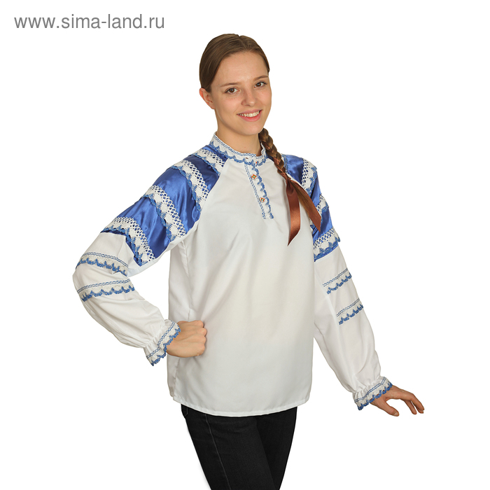 Русская народная женская рубаха, воротник-стойка, рукав реглан, с синей тесьмой, р-р 48, рост 170 см - Фото 1