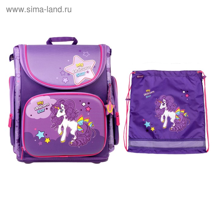 Ранец_ Стандарт Hummingbird NK 36.5*32*17.5 дев +мешок д/обуви "My unicorn star" 7NK, сир - Фото 1