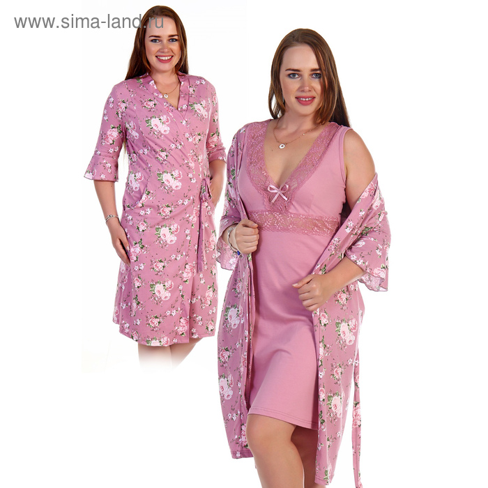 Комплект женский (сорочка, халат) Зазноба цвет розовый, р-р 52 - Фото 1