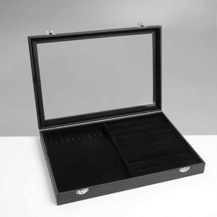 Шкатулка для украшений 10 крючков и 8 полос, 35×24×5, стеклянная крышка, чёрная - Фото 1