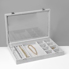 Шкатулка для украшений 4 полосы, 6 крючков, 8 ячеек, стеклянная крышка, серая - Фото 8