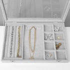 Шкатулка для украшений 4 полосы, 6 крючков, 8 ячеек, стеклянная крышка, серая - Фото 7
