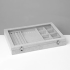 Шкатулка для украшений 4 полосы, 6 крючков, 8 ячеек, стеклянная крышка, серая - Фото 4