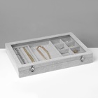 Шкатулка для украшений 4 полосы, 6 крючков, 8 ячеек, стеклянная крышка, серая - Фото 6