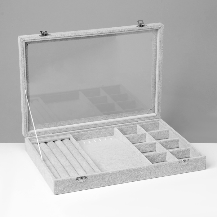 Шкатулка для украшений 4 полосы, 6 крючков, 8 ячеек, стеклянная крышка, серая - Фото 1
