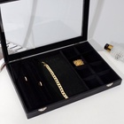 Шкатулка для украшений 4 полосы, 6 крючков, 8 ячеек, стеклянная крышка, чёрная - Фото 2