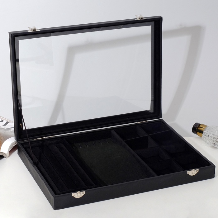 Шкатулка для украшений 4 полосы, 6 крючков, 8 ячеек, стеклянная крышка, чёрная - Фото 1