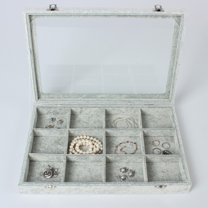 Подставка для украшений «Шкатулка» 12 ячеек, 35×24×4,5, стеклянная крышка, цвет серый - фото 1911267605