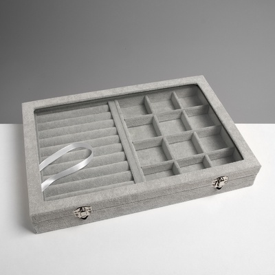 Шкатулка для украшений 9 полос, 12 ячеек, 35×24×4.5, стеклянная крышка, серая