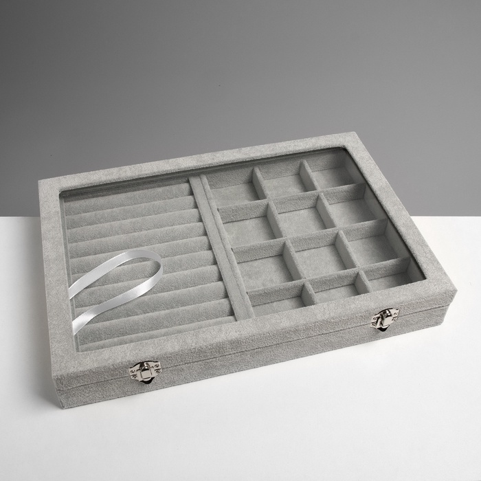 Шкатулка для украшений 9 полос, 12 ячеек, 35×24×4.5, стеклянная крышка, серая - Фото 1