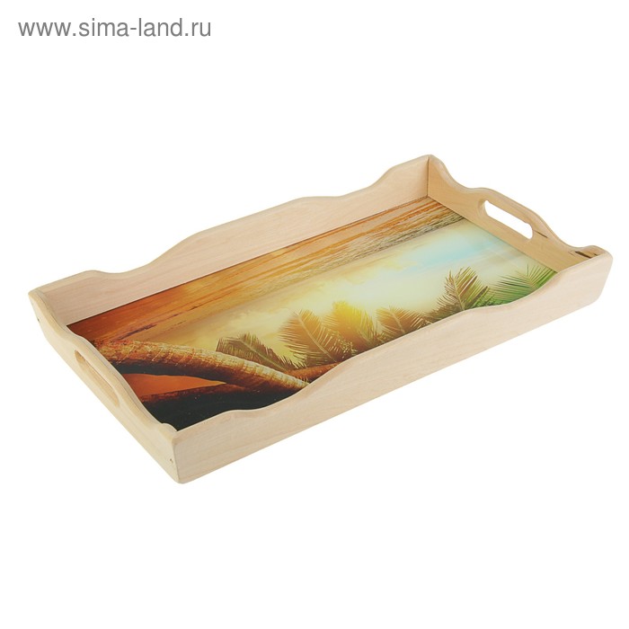 Поднос деревянный фигурный для завтрака "Пляж", стеклянная поверхность, МАССИВ, 49х6х28,5 - Фото 1