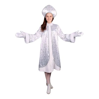 Карнавальный костюм "Снегурочка", атлас, шуба расклешённая со снежинками, кокошник, варежки, р-р 46