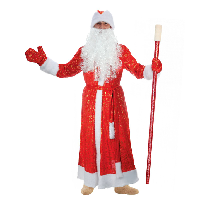 Карнавальный костюм Деда Мороза &quot;Золотые снежинки&quot;, шуба, пояс, шапка, варежки, борода, р-р 48-50, рост 176-182 см, мех МИКС